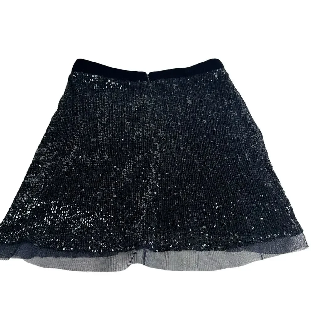 Free People Wild Child Slate Blue Sequin Mesh Sheer Hem Mini Skirt Size 2